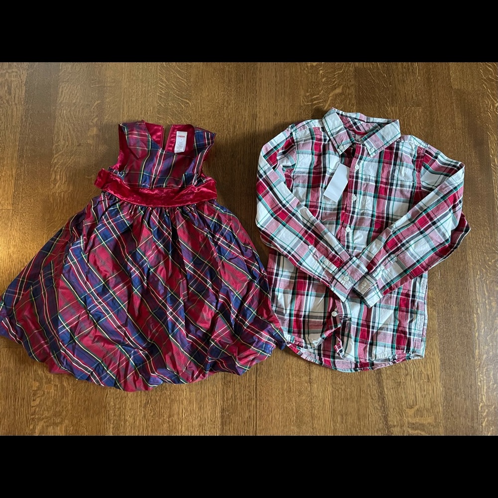 Matching Gymboree Christmas Holiday Dress Sz 4 & NWT boys dress shirt Sz 7-8